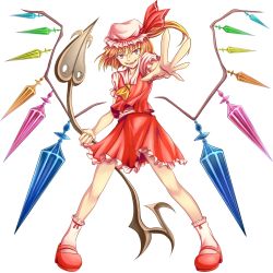 Rule 34 | 1girl, alternate wings, bad id, bad pixiv id, fangs, female focus, flandre scarlet, foreshortening, full body, highres, laevatein, nemo (marmeid331), ponytail, red eyes, side ponytail, solo, touhou, transparent background, wings