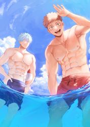 Rule 34 | 2boys, abs, ball, bara, beach, beachball, blue eyes, blue male swimwear, blue sky, blue swim trunks, ccccc (jpn m0), closed mouth, cloud, day, drawstring, facial mark, from below, gojou satoru, highres, holding, holding ball, holding beachball, itadori yuuji, jujutsu kaisen, large pectorals, looking at viewer, looking down, male focus, male swimwear, multiple boys, muscular, muscular male, navel, nipples, open mouth, orange eyes, outdoors, partially submerged, partially underwater shot, pectorals, pink hair, red male swimwear, red swim trunks, short hair, sky, smile, summer, swim trunks, swimsuit, teeth, topless male, underwater, water, wet, white hair