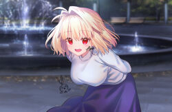 1girl antenna_hair arcueid_brunestud aro_1801 artist_logo bent_over blonde_hair blurry blurry_background blush breasts fountain highres large_breasts long_skirt outdoors purple_skirt red_eyes short_hair skirt solo sweater tsukihime white_sweater