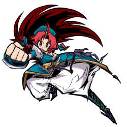 Rule 34 | 1girl, alternate eye color, bandaid, bandaid on face, bandaid on nose, braid, clenched hand, fighting stance, foreshortening, hat, hong meiling, ichigatsu toshikazu, long hair, mutsuki riichi, open mouth, pants, puffy pants, red eyes, red hair, simple background, solo, touhou, twin braids, white background