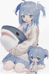 Rule 34 | 1girl, blue hair, blue necktie, blue skirt, cardigan, character doll, grey eyes, highres, holding, holding stuffed toy, ikea shark, long hair, looking at viewer, necktie, open mouth, original, seiza, shou (mori boro), simple background, sitting, skirt, socks, solo, stuffed animal, stuffed shark, stuffed toy, two side up, white background, white socks, yellow cardigan