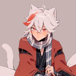 Rule 34 | 1boy, :&lt;, ahoge, animal ear fluff, animal ears, cat ears, cat tail, commentary, crossed bangs, genshin impact, grey background, highres, japanese clothes, kaedehara kazuha, looking at viewer, multicolored hair, red eyes, red hair, scarf, signature, simple background, solo, streaked hair, tail, two-tone hair, white hair, yukunnvi
