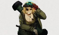 Rule 34 | 1girl, artist name, assault rifle, big boss, blonde hair, breasts, brown eyes, cleavage, cross, cross necklace, eyepatch, fgm-148 javelin, green tank top, gun, hair between eyes, handgun, jacket, jewelry, large breasts, looking at viewer, man-portable anti-tank systems, marichka, mechanical arms, metal gear (series), metal gear solid v: ground zeroes, metal gear solid v: the phantom pain, military, military jacket, military uniform, necklace, night vision device, parody, patch, rifle, scar, scar on face, shoulder patch, single mechanical arm, smirk, solo, tank top, ukrainian flag, uniform, usergore, weapon