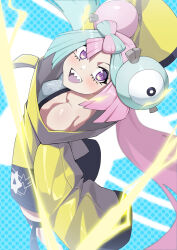 Rule 34 | 1girl, :d, absurdres, bow-shaped hair, bright pupils, character hair ornament, commentary request, creatures (company), electricity, eyelashes, game freak, green hair, grey shirt, hair ornament, happy, highres, iono (pokemon), jacket, looking at viewer, multicolored hair, nintendo, open mouth, pink hair, pokemon, pokemon sv, purple eyes, shirt, sleeveless, sleeveless shirt, smile, solo, teeth, thigh strap, tongue, two-tone hair, upper teeth only, white pupils, yellow jacket, yitiaoyuwe