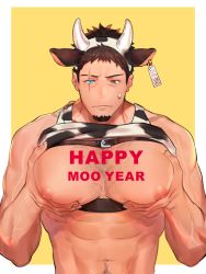 Rule 34 | 1boy, 2021, abs, animal ears, animal print, bara, bare pectorals, brown hair, chest hair, chest harness, chinese zodiac, cow boy, cow ears, cow horns, cow print, earrings, eyebrow cut, facial hair, fake animal ears, fake horns, goatee, grabbing, happy new year, harness, highres, horns, jewelry, large pectorals, leather, male focus, mature male, muscular, muscular male, navel, navel hair, new year, nipples, original, pectoral focus, pectoral grab, pectoral lift, pectorals, scar, scar across eye, scar on face, short hair, sideburns, solo, stomach, suggestive fluid, upper body, year of the ox, zhineart