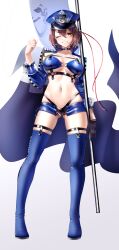 Rule 34 | 1girl, azur lane, baltimore (azur lane), baltimore (finish line flagbearer) (azur lane), bikini, black bikini, black choker, black gloves, blue bikini, blue footwear, blue hat, blue jacket, blue shorts, boots, braid, breasts, brown hair, chest harness, choker, cleavage, clenched hand, collarbone, commentary, cropped jacket, flag, french braid, full body, gloves, grin, hair between eyes, hand up, harness, hat, highleg, highleg bikini, highres, holding, holding pole, jacket, large breasts, looking at viewer, micro shorts, mismatched bikini, navel, necomilk, o-ring, o-ring top, official alternate costume, one eye closed, open clothes, open jacket, peaked cap, pole, race queen, revision, short hair, shorts, sidelocks, signature, simple background, single glove, skindentation, smile, solo, standing, stomach, swimsuit, teeth, thigh boots, thigh strap, underbust, white background, yellow eyes