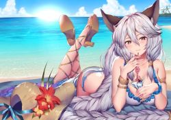 Rule 34 | 10s, 1girl, animal ears, beach, bikini, blue sky, blush, bracelet, braid, breasts, brown eyes, cat ears, cleavage, cloud, commentary request, cross-laced footwear, day, drink, drinking straw, erune, frilled bikini, frills, glass, granblue fantasy, hair between eyes, heles, heles (summer) (granblue fantasy), high heels, jewelry, large breasts, long hair, looking at viewer, lying, obiwan, ocean, on stomach, outdoors, sandals, silver hair, single braid, sky, smile, solo, swimsuit, very long hair, water, white bikini