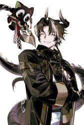 Rule 34 | 2boys, arknights, black cat, black gloves, black hair, black jacket, cat, chong yue (arknights), closed eyes, crossed arms, dragon boy, dragon horns, dragon tail, earrings, gloves, grin, heixiu, highres, horns, ieiieiiei, jacket, jewelry, long sleeves, looking at another, luo xiaohei zhanji, multicolored hair, multiple boys, necklace, parted bangs, pointy ears, simple background, smile, streaked hair, tail, upper body, white background, white hair
