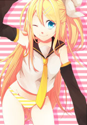 Rule 34 | 1girl, alternate hairstyle, bad id, bad pixiv id, blonde hair, blue eyes, future style (module), hair ornament, hair ribbon, hairclip, kagamine rin, kashiko, kashiko (coupy), long hair, necktie, no pants, one eye closed, panties, ribbon, smile, solo, striped clothes, striped panties, underwear, vocaloid, wink