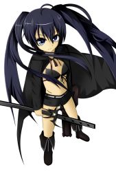 Rule 34 | 10s, 1girl, ahoge, bikini, bikini top only, black hair, black rock shooter, black rock shooter (character), blue eyes, boots, coat, front-tie top, full body, kawasumi, scar, shorts, solo, swimsuit, transparent background, twintails, weapon