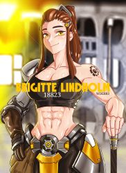 Rule 34 | 1girl, abs, absurdres, armor, artist name, breasts, brigitte (overwatch), brown eyes, brown hair, character name, cleavage, crop top, faulds, gauntlets, groin, hair ornament, hairclip, highres, large breasts, long hair, midriff, muscular, muscular female, overwatch, overwatch 1, planted, ponytail, shoulder tattoo, sidelocks, single gauntlet, smile, solo, sweat, tattoo, wder83, weapon