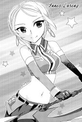 Rule 34 | 1girl, bare shoulders, belt, breasts, earrings, elbow gloves, gloves, ines lorenzen, jewelry, midriff, monochrome, navel, pantyhose, short hair, skirt, smile, star (symbol), tales of (series), tales of hearts, weapon