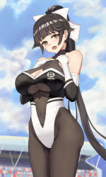 Rule 34 | 1girl, azur lane, black hair, black pantyhose, blue sky, blurry, bodystocking, breasts, brown eyes, chinese commentary, cleavage cutout, clothing cutout, cloud, commentary request, cowboy shot, day, depth of field, hair flaps, highleg, highleg leotard, highres, large breasts, leotard, logo, long hair, looking at viewer, official alternate costume, outdoors, pantyhose, ponytail, race queen, revision, ribbon, ruan weidao, sky, solo, takao (azur lane), takao (full throttle charmer) (azur lane), two-tone leotard, white ribbon