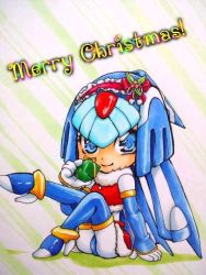 Rule 34 | 1girl, android, arm support, blue eyes, chibi, christmas, fur trim, gift, floral bow, headdress, helmet, high heels, holding, holding gift, holly, leg up, fairy leviathan (mega man), merry christmas, santa costume, shinku 44, simple background, smile, solo