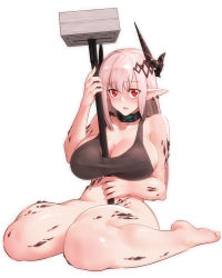 Rule 34 | 1girl, arknights, bare arms, bare shoulders, barefoot, black choker, blush, bottomless, breasts, choker, cleavage, collarbone, commentary request, crop top, hammer, hand up, highres, holding, holding hammer, holding weapon, horns, infection monitor (arknights), long hair, looking at viewer, material growth, mudrock (arknights), oripathy lesion (arknights), parted lips, pointy ears, red eyes, silver hair, simple background, sitting, solo, sports bra, stomach, thighs, wariza, weapon, white background, yamauchi (conan-comy)