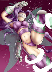 Rule 34 | 1girl, ass, attack, belt, bikini, bra, breasts, butterfly wings, butterfly wings gauntlets, covered eyes, curvy, digimon, digimon frontier, facial mark, fairimon, fairy, fairy wings, flexible, garter straps, gauntlets, gloves, highres, insect wings, kicking, leg up, long hair, mask, medium breasts, navel, panties, purple bikini, purple bra, purple hair, purple panties, revealing clothes, solo, swimsuit, thong, underwear, very long hair, visor (armor), wide hips, wind, wings