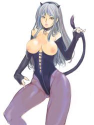 1girl breasts corset female_focus fingerless_gloves gloves horns kazaana legs nipples original pantyhose pinky_out silver_hair solo tail thighs