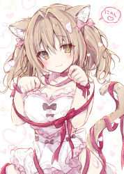 Rule 34 | 1girl, akizuki noa, animal ears, apron, blonde hair, blush, breasts, cat ears, cat girl, cat tail, cleavage, dress, gift, hands up, highres, large breasts, liar liar, long hair, looking at viewer, maid apron, pink dress, red ribbon, ribbon, simple background, smile, solo, tail, twintails, white background, yellow eyes