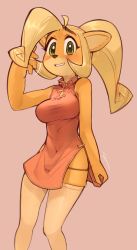 Rule 34 | 1girl, absurdres, ahoge, alternate costume, animal ears, arm up, bare shoulders, black panties, blonde hair, blush, body fur, breasts, china dress, chinese clothes, coco bandicoot, crash bandicoot (series), dress, dress tug, embarrassed, female focus, furry, furry female, green eyes, happy, highres, huge ahoge, large breasts, long hair, looking at viewer, motion lines, panties, pink background, ponytail, red dress, shiny clothes, side slit, simple background, skindentation, sleeveless, sleeveless dress, smile, solo, standing, string panties, teeth, thighhighs, underwear, wamudraws, white thighhighs