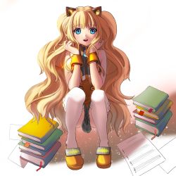 Rule 34 | 1girl, absurdres, an yo, animal ears, blonde hair, blue eyes, book, bracelet, cat ears, full body, highres, jewelry, long hair, looking at viewer, seeu, skirt, smile, solo, squatting, thighhighs, very long hair, vocaloid, white thighhighs
