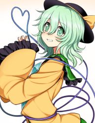 Rule 34 | 1girl, fingers together, gradient background, green eyes, green hair, grin, hat, hat ribbon, heart, heart-shaped pupils, heart of string, komeiji koishi, kumadano, long sleeves, looking at viewer, matching hair/eyes, ribbon, shirt, short hair, smile, solo, string, symbol-shaped pupils, touhou, upper body, wide sleeves