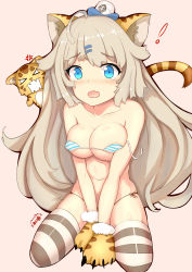 Rule 34 | 1girl, absurdres, ahoge, animal hands, black panties, blue eyes, blush, bra, breasts, covered erect nipples, fang, grey hair, hair ornament, hairclip, hat, highres, kent (warship girls r), long hair, looking at viewer, medium breasts, mini hat, mini top hat, open mouth, panties, royal navy, seiza, side-tie panties, sitting, strap slip, striped bra, striped clothes, striped thighhighs, tears, thighhighs, tiger, top hat, underwear, v arms, warship girls r, zhudacaimiao