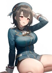 Rule 34 | 1girl, absurdres, ascot, beret, black hair, blue hat, blue jacket, bottomless, breasts, commentary request, hand on headwear, hat, highres, jacket, kantai collection, large breasts, long sleeves, military uniform, neon p, open mouth, red eyes, short hair, sitting, smile, solo, takao (kancolle), thighs, uniform, wariza, white ascot, white background