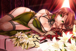 Rule 34 | 1girl, alternate costume, bare shoulders, between legs, black gloves, blush, bow, braid, breasts, china dress, chinese clothes, cleavage, dress, elbow gloves, flower, garter straps, gloves, green eyes, hair bow, hong meiling, large breasts, long hair, looking at viewer, lying, md5 mismatch, monety, on side, red hair, resolution mismatch, skindentation, smile, solo, source larger, thighhighs, touhou, twin braids