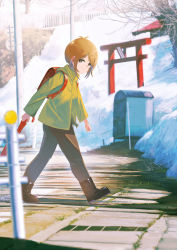 Rule 34 | 1girl, absurdres, backpack, bag, black footwear, black pants, boots, brown eyes, brown hair, closed mouth, commentary request, full body, grass, green jacket, highres, holding, holding umbrella, inami hatoko, jacket, long sleeves, looking at viewer, original, outdoors, pants, randoseru, short hair, snow, solo, torii, umbrella, utility pole, walking, winter
