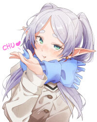 Rule 34 | ..., 1girl, blowing kiss, blue scarf, blush, bow, brown coat, coat, commentary, eitopondo, elf, frieren, green eyes, hand up, long hair, long sleeves, looking at viewer, nose blush, open mouth, parted bangs, pointy ears, puffy long sleeves, puffy sleeves, scarf, scarf bow, simple background, smile, solo, sousou no frieren, spoken ellipsis, teardrop earrings, thick eyebrows, twintails, white background, white hair