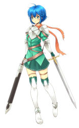 Rule 34 | 1girl, armor, blue eyes, blue hair, full body, green skirt, holding, holding sword, holding weapon, matching hair/eyes, maze (artist), phyllis (sennen sensou aigis), red scarf, scarf, sennen sensou aigis, skirt, solo, sword, thighhighs, weapon, white thighhighs