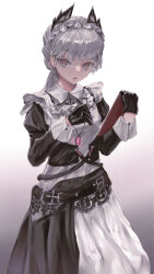 Rule 34 | 1girl, absurdres, arknights, black dress, black gloves, clipboard, cowboy shot, dress, gloves, gradient background, grey background, grey eyes, grey hair, head wings, highres, holding, holding clipboard, irene (arknights), irene (voyage of feathers) (arknights), jewelry, long hair, long sleeves, looking at viewer, maid, necklace, official alternate costume, simple background, slox, solo, two-tone dress, white dress, wings