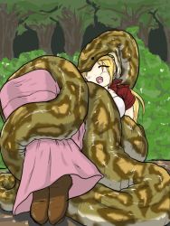 Rule 34 | 1girl, blonde hair, blush, coiled, eating, closed eyes, female focus, kaname (artist), long hair, open mouth, predator and prey, scared, screaming, snake, swallowing, tail, tongue, vore, wood, wrapped