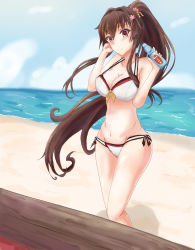 Rule 34 | 10s, 1girl, bikini, bottle, breasts, brown eyes, brown hair, cleavage, gradient background, highres, kantai collection, long hair, makurano, makurano`, ponytail, ramune, solo, swimsuit, very long hair, yamato (kancolle)