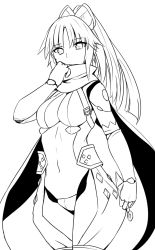 Rule 34 | 1girl, arm guards, breasts, cowboy shot, fate/grand order, fate (series), fingerless gloves, gloves, greyscale, japanese clothes, katou danzou (fate), lineart, long hair, looking at viewer, medium breasts, monochrome, navel, parted bangs, ponytail, scarf, shiseki hirame, sidelocks, simple background, solo