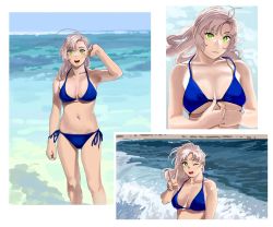 Rule 34 | 1girl, absurdres, alternate costume, alternate hairstyle, antenna hair, bad id, bad twitter id, bikini, blue bikini, blue sky, breasts, cloud, commentary request, day, feet out of frame, green eyes, grey hair, hair down, highres, kantai collection, kinugasa (kancolle), kinugasa kai ni (kancolle), long hair, medium breasts, multiple views, ojipon, outdoors, side-tie bikini bottom, sky, swimsuit, upper body, v, water, waves
