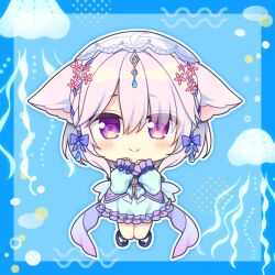 Rule 34 | 1girl, animal ears, blue background, blue dress, blue footwear, blush, character request, chibi, closed mouth, commentary request, dress, eyes visible through hair, frilled dress, frills, full body, hair over one eye, hands up, long sleeves, lump of sugar, pink hair, puffy long sleeves, puffy sleeves, purple eyes, ryuuka sane, shoes, sleeves past wrists, smile, socks, solo, white socks