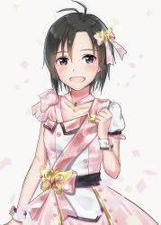 Rule 34 | 1girl, :d, antenna hair, asymmetrical sleeves, black eyes, black hair, bow, butterfly hair ornament, detached collar, dress, hair between eyes, hair bow, hair ornament, highres, idolmaster, idolmaster (classic), kikuchi makoto, looking at viewer, mogskg, open mouth, pink bow, short sleeves, smile, solo, sparkle, standing, uneven sleeves, white background, wrist cuffs