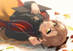 Rule 34 | 1girl, akigumo (kancolle), autumn leaves, black bow, black ribbon, black sweater, bow, brown hair, casual, commentary request, drawing tablet, dutch angle, fingernails, flower, from above, ginkgo leaf, green eyes, grin, hair between eyes, hair bow, holding, holding stylus, kantai collection, koubakotone, leaf, long hair, long sleeves, looking at viewer, lying, mole, mole under eye, on back, orange skirt, plaid, plaid scarf, ponytail, ribbon, scarf, skirt, smile, solo, stylus, sunlight, sweater