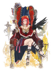 Rule 34 | 10s, 1girl, alchemaniac, animal on arm, ankle wrap, bare shoulders, bird, bird on arm, breasts, capelet, chalice, circlet, cleavage, coin, crossed legs, crown, unworn crown, cup, flag, granblue fantasy, highres, jewelry, lamp, leg wrap, love live!, love live! school idol festival, love live! school idol project, medium breasts, nishikino maki, purple eyes, raven, red hair, red upholstery, ring, sandals, simple background, sitting, solo, throne, treasure chest, vambraces