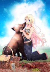 Rule 34 | 1girl, absurdres, bare arms, bare shoulders, barefoot, belt, blonde hair, blue eyes, blue sky, blush, closed mouth, collarbone, commentary request, denim, dog, ear piercing, field, fog, food, fruit, grass, highres, jeans, light smile, long hair, looking at viewer, mishiki sakana, multicolored tank top, on grass, original, pants, piercing, print tank top, sky, solo, tank top, very long hair
