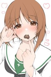 Rule 34 | 1girl, black neckerchief, blouse, blush, brown eyes, brown hair, candy, chocolate, chocolate heart, closed mouth, commentary, food, food in mouth, girls und panzer, half-closed eyes, hand in own hair, heart, highres, long sleeves, looking at viewer, mouth hold, neckerchief, nishizumi miho, ooarai school uniform, pointing, pointing at self, sailor collar, school uniform, serafuku, shirt, short hair, solo, symbol-only commentary, tarou (komekueyo), valentine, white sailor collar, white shirt