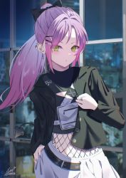 Rule 34 | 1girl, absurdres, black jacket, crop top, cross, cross earrings, demon tail, ear piercing, earrings, gradient hair, green eyes, hair ornament, hairclip, high ponytail, highres, hololive, indoors, jacket, jewelry, long hair, long sleeves, looking at viewer, maria onnette, midriff, multicolored hair, navel, open clothes, open jacket, piercing, pink hair, purple hair, ring, signature, skirt, solo, tail, tail ornament, tail piercing, tokoyami towa, virtual youtuber, white skirt