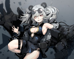 Rule 34 | 1girl, animal ears, arknights, black dress, blurry, blurry background, breasts, cleavage, covered navel, depth of field, dress, eyewear on head, fang, feater (arknights), gauntlets, gogalking, grey hair, grin, highres, large breasts, leg up, multicolored hair, panda ears, panties, red eyes, short dress, side-tie panties, side slit, single gauntlet, skin fang, smile, solo, streaked hair, sunglasses on head, thigh strap, twintails, underwear