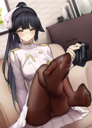 Rule 34 | 1girl, azur lane, bad id, bad pixiv id, black hair, black pantyhose, blush, bow, breasts, brown eyes, brown pantyhose, feet, foot focus, foot up, hair bow, hair flaps, highres, holding, holding shoes, large breasts, long hair, looking at viewer, military, military uniform, miniskirt, pairleaf, pantyhose, pleated skirt, ponytail, ribbon, shoes, unworn shoes, skirt, smile, soles, solo, takao (azur lane), uniform, very long hair, white bow