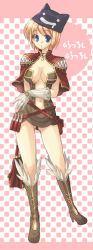 Rule 34 | 1girl, arm behind back, bare legs, belt, black hat, blonde hair, boots, brown footwear, buckle, checkered background, closed mouth, creator (ragnarok online), creature, dot mouth, full body, hat, head tilt, high heel boots, high heels, knee boots, looking at viewer, pink background, ragnarok online, shorts, simple background, smile, solo, standing, two-tone background