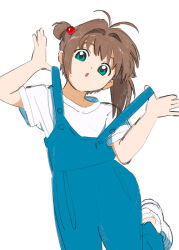Rule 34 | 1girl, :o, antenna hair, blue overalls, brown hair, cardcaptor sakura, child, clothes pull, green eyes, hair intakes, head tilt, highres, kinomoto sakura, leg up, looking at viewer, nnn-ollll, one side up, overalls, shirt, solo, standing, standing on one leg, strap pull, w arms, white background, white shirt
