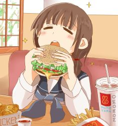 Rule 34 | 1girl, blouse, booth seating, brand name imitation, brown hair, burger, cheese, chicken nuggets, closed eyes, cup, eating, food, french fries, highres, ketchup, lettuce, low twintails, mumeyama, onion, open mouth, original, school uniform, serafuku, shirt, solo, table, teeth, tomato, twintails, white shirt, wooden table