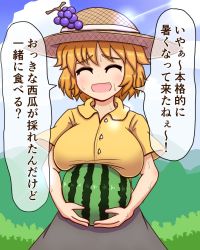 Rule 34 | 1girl, aki minoriko, blush, breast rest, breasts, brown skirt, closed eyes, collared shirt, commentary, food, food-themed hair ornament, fruit, grape hair ornament, grapes, hair ornament, highres, holding, holding food, holding fruit, kigan&#039;eiji, large breasts, melon, orange hair, shirt, short hair, skirt, sweat, touhou, translation request, watermelon, yellow shirt