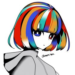 Rule 34 | 1girl, aqua hair, blue eyes, blue hair, blunt bangs, bob cut, bright pupils, closed mouth, colored skin, commentary request, from side, grey hoodie, halftone, heterochromia, highres, hood, hood down, hoodie, looking at viewer, looking to the side, machigami yoh, multicolored hair, orange hair, original, portrait, red eyes, red hair, short hair, simple background, solo, twitter username, white background, white pupils, white skin